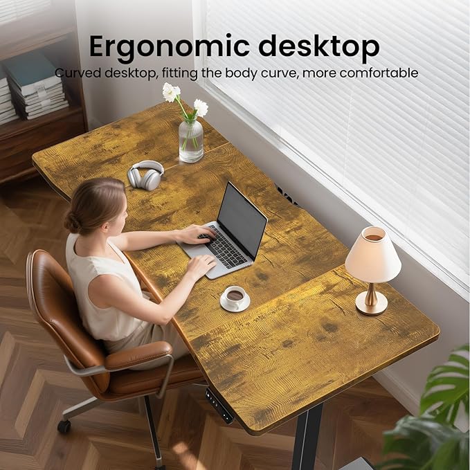 Veken 63 x 28 Inch Electric Standing Desk, Sit to Stand Up, Work Home Office Computer Table for Study, Walking Pad, Writing, and Games, Wooden Desktop Desks, Brown