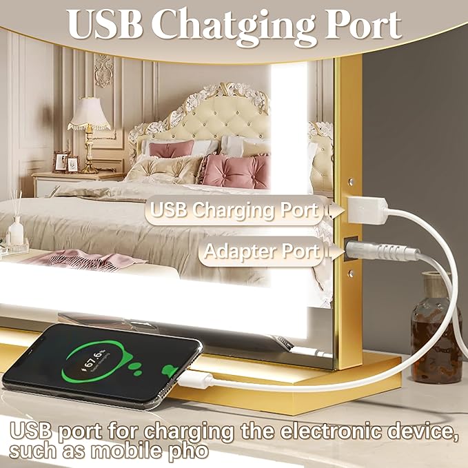 FENNIO Vanity Mirror with Lights 32"x22", Lighted Makeup Mirror, Large Vanity Mirror, Touch Sensor with 3-Color Lighting, 10X Magnification and USB Charging Port for Vanity Desk（Square Gold）