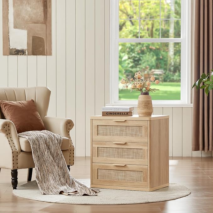 LEYAOYAO Boho Rattan Coffee Table and End Table Sets, 48" Wide Center Tables & 23" Night Stand with 3 Drawers, Natural Wood Coffee Table for Living Room 3 Piece Set