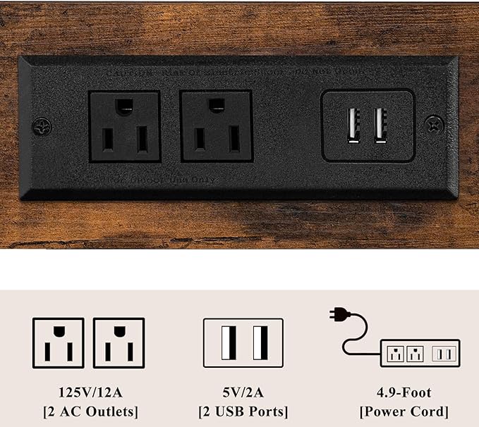 3-Tier Small Narrow Wood Side Table with Charging Station, Skinny Nightstand for Small Space, Slim Bedside Table with Storage for Couch, Thin End Table with USB Ports and Outlets, Rustic Brown