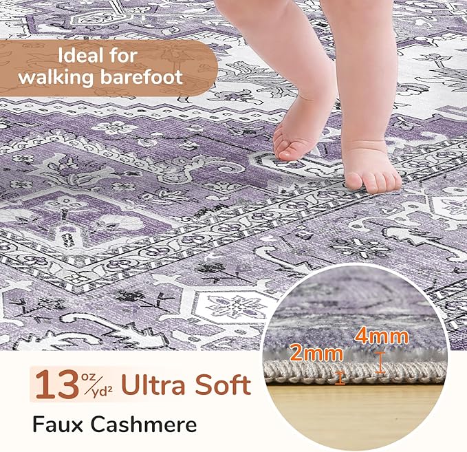 OPPODREAM Thin 6x9 Area Rugs, Washable Rug 6x9 with Non Slip Backing, Faux Cashmere Low-Pile 6 x 9 Carpet, Purple