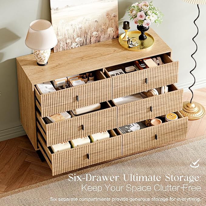 Modern Chest of Drawers with 6 Drawers,Deep Drawers,Clothes Organizer,Large Storage Cabinet for Living Room, Bedroom,Hallway,with Anti-Tipping Device,Wood