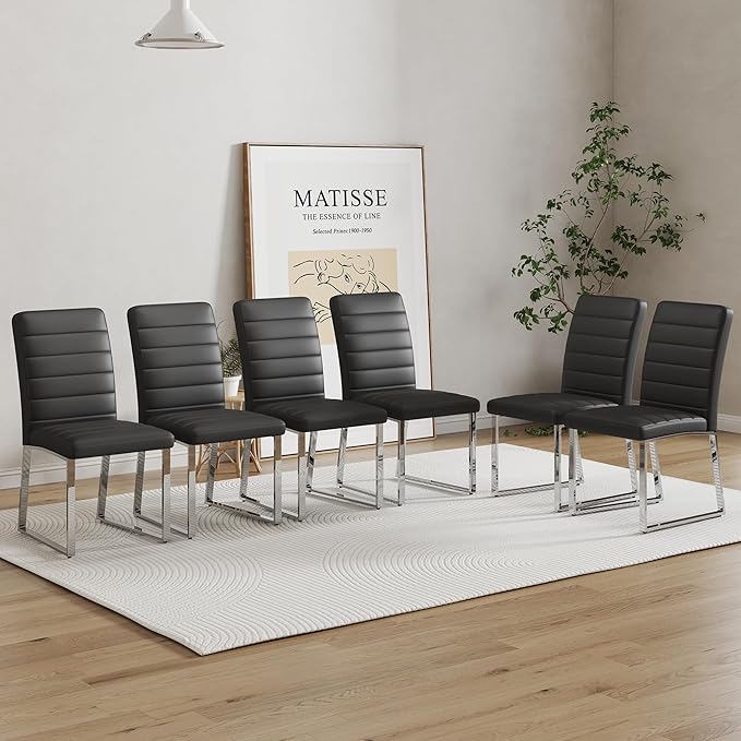 Modern Dining Chairs Set of 4, White Faux Leather Kitchen Chairs, Upholstered Armless Dining Room Chair with Gold Mental Legs Heavy Duty, Comfortable (Black Chairs, Set of 6)