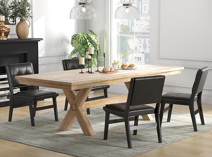 KCC Modern PU Leather Dining Chairs Set of 2, Upholstered Kitchen Chairs with Solid Wood Legs and Comfortable Seat for Dining Room/Lounge/Bedroom(Black)