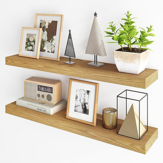 Fun Memories Floating Shelves for Wall, 36Inch Floating Shelves Set of 2, Hanging Shelf with Invisible Brackets, Bathroom Shelves for Living Room, Bedroom, Kitchen- Oak