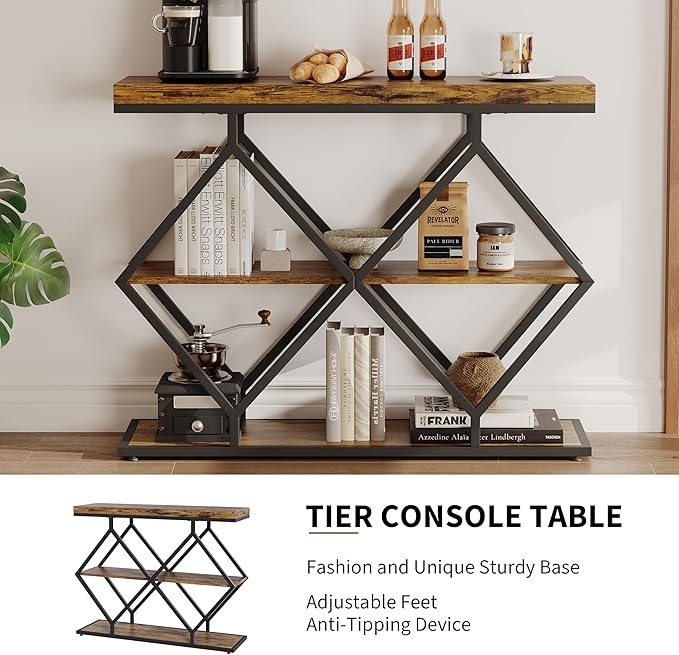 Garvee 3-Tier Entryway Table, Industrial Console Sofa Table with Storage, Accent Tables with Open Shelves, Diamond-Shaped Metal Frame, Foyer Tables for Entryway, Hallway, Rustic Brown