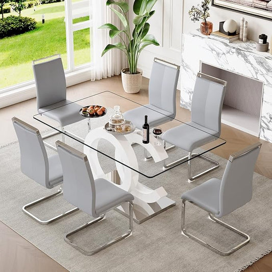 63'' Glass Dining Table Set for 6, Kitchen Table Chairs Set of 6, Clear Glass Dining Table with White unique design Leg and Silver Metal Base, 6 PU Dining Chairs with Metal Legs, Living Room, Kitchen.