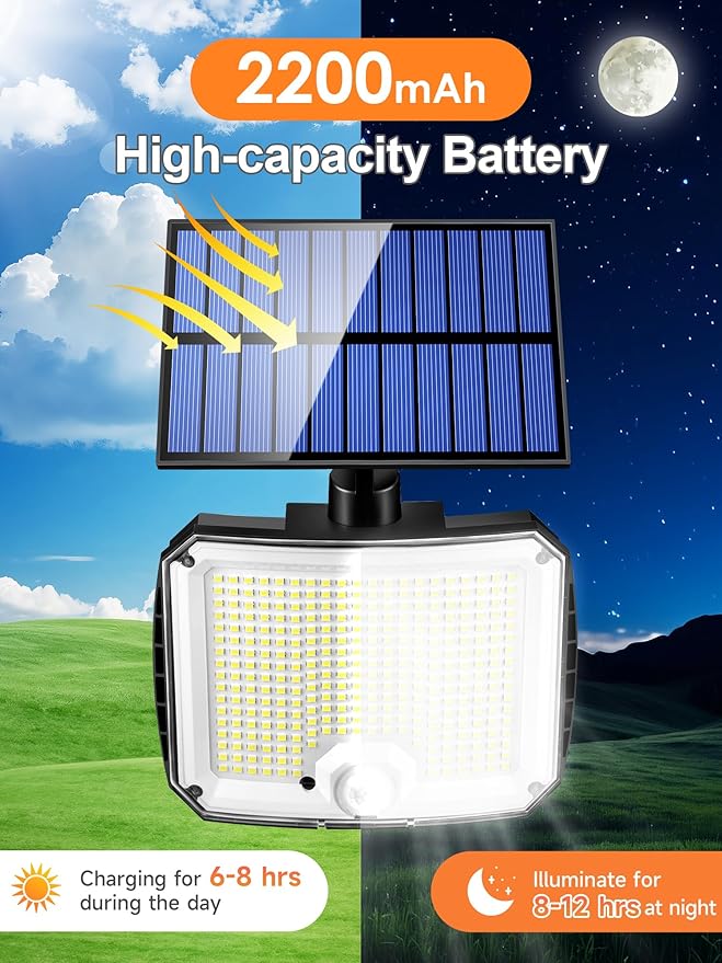 PIKOY Solar Lights Outdoor [318LED/10M/5 Modes] Security Lights Outdoor, Remote Control, IP65 Waterproof for Yard,Porch,Shed,Garage