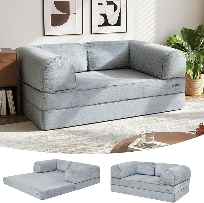 COMAX Folding Sofa Bed Queen, Foldable Couch Bed, Fold Out Futon Chair Sleeper for Adults, Convertible Floor Mattress Sofa for Bedrooom Living Room, Snow Light Grey