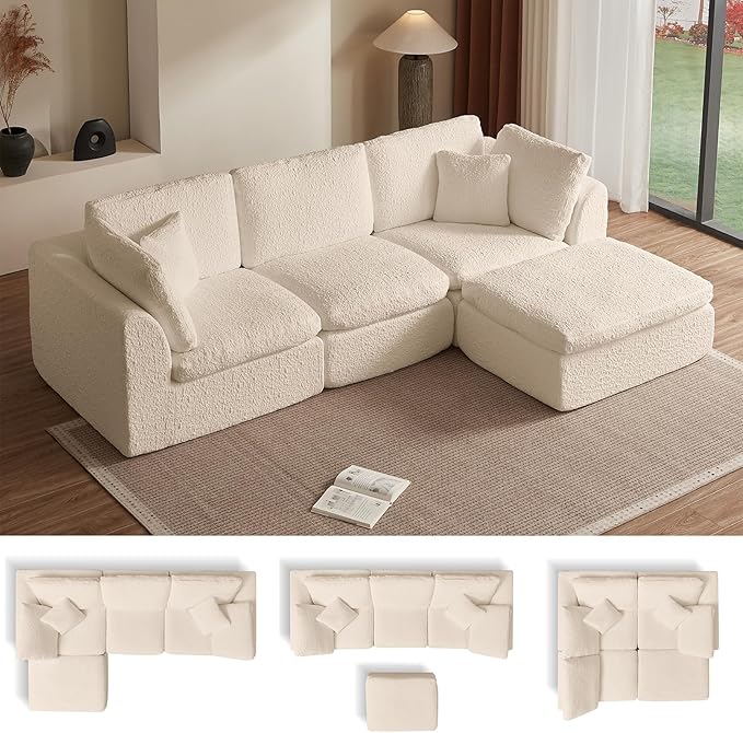 Cilee 110" Modular Sectional Sofa, Cloud Couch with Deep Seat, L-Shape Boneless Sofa, 3 Seat Memory Foam Sofa, No Assembly Required, Upholstered Couch for Living Room, Movable Ottoman, Chenille, Beige