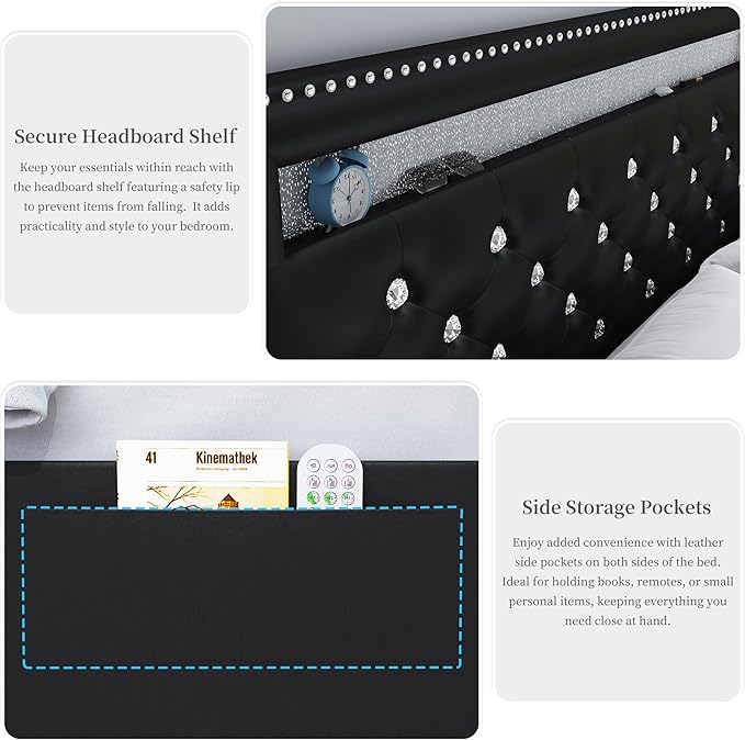 Full Led Bed Frame with 2 Drawers, Heavy Duty Sturdy Metal Platform Bed Frames Full Size with Adjustable Height Crystal Button Tufted Headboard, Easy Assembly, No Box Spring Needed, PU Black