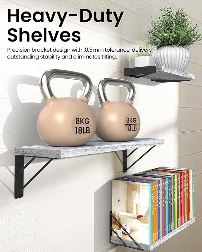 BAYKA Wall Shelves for Bedroom Decor, Floating Wall Shelves for Living Room Kitchen Storage, Mounted Rustic Wood Floating Shelves for Kids Books,Corner Shelves for Bathroom(Gray White，Set of 3)