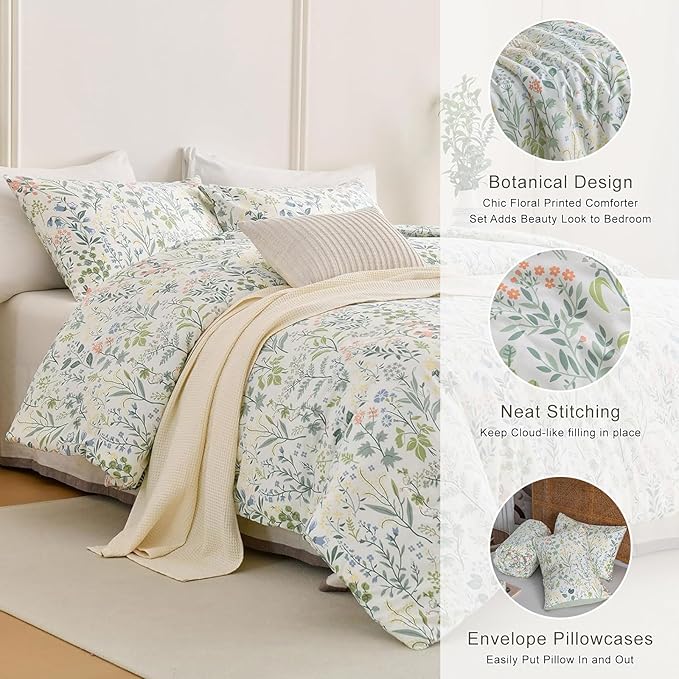 EAVD Botanical Floral Comforter Set Twin XL Soft Chic Cute Colorful Floral Leaves Print Bedding Set 1 Twin XL Comforter and 2 Pillowcases Vintage Garden Botanical Comforter Set for All-Season