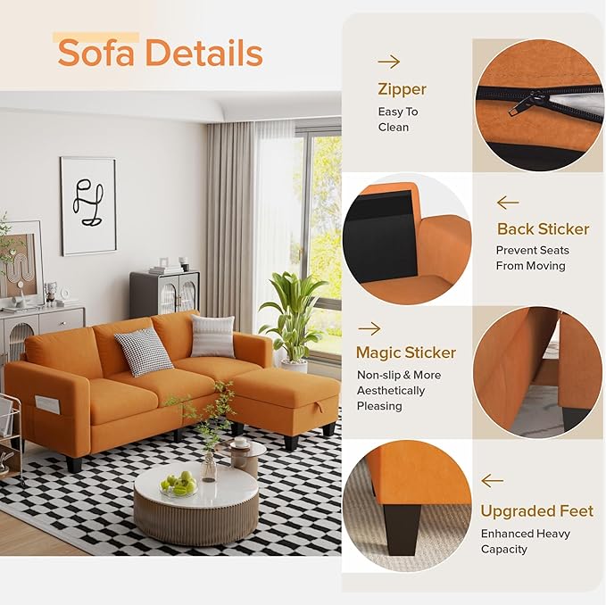 Sectional Sofa Couches for Living Room - 78''Convertible Modular Three-Seater L-Shaped Pet-Friendly Couch,Washable Sofa Cover-Bench Storage, Suitable for Small Living Room, Apartment,Office-Orange