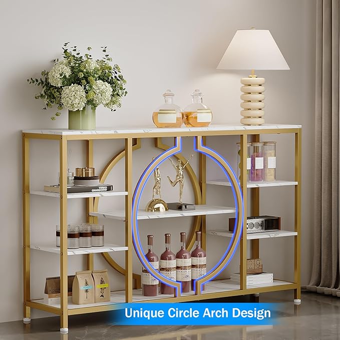 GiftGo 47" Industrial Console Tables for Entryway Rustic Sofa Table Behind Couch 4 Tier Wooden Shelves Entry Table with Storage for Foyer, Hallway, Front Door,Living Room (White Gold, 47")