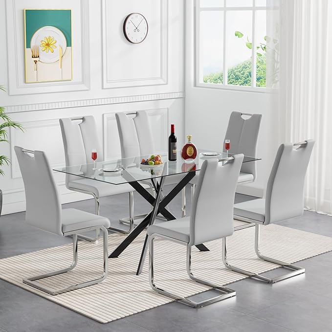 Modern Glass Dining Table Set for 6, Black Glass Kitchen Table and Chairs Set of 6, 7 Piece Dining Room Table Set with 61" Rectangular Metal Glass Dinner Table and 6 Grey Leather Dining Chairs