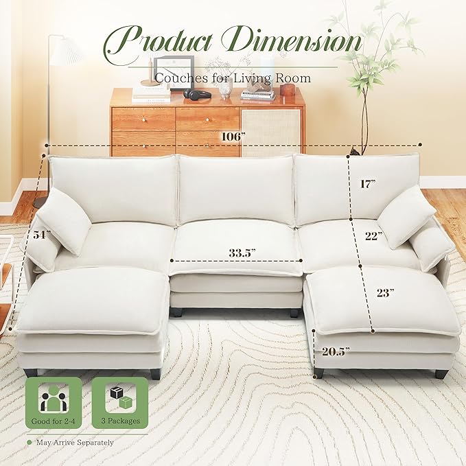 Modular Sectional Sofa, Comfy Cloud Couch with Movable Ottoman, Deep Seat Couches for Living Room, Bedroom and Apartment, 106" U Shaped Modern Sofa with Pillows, Beige