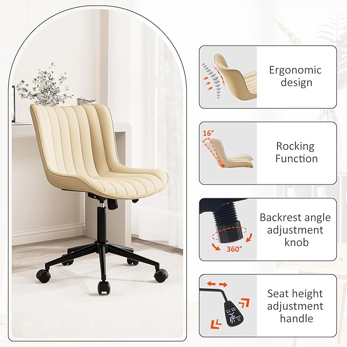 Kidol & Shellder Beige Leather Home Office Desk Chair with Wheels Modern Cute Armless Executive Swivel Vanity Chair with Comfy Padded Back Ergonomic Rolling Adjustable Computer Task Chair Small