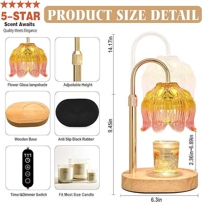 Candle Warmer lamp with Timer Dimmer,Electric Candle Warmer, Vintage Flower Lotus lamp,Compatible with Various Candles, Gifts for Mom Women,Candle Lamp for Bedroom Home Decor (Flower lamp-Light Pink)