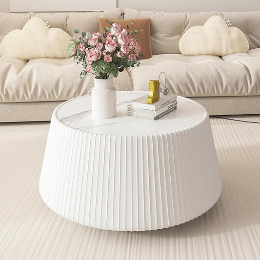 White Round Coffee Table with Sintered Stone Tabletop, 26.77" Drum Coffee Table with Fluted PU Leather Covered and Stable Base, Circle Cocktail Tea Table for Living Room