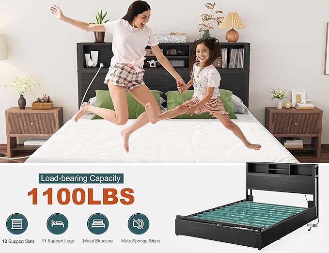 EnHomee Full Size Bed Frame with 6 Storage Drawers Full Bed Frame with Headboard, Storage Bed with Charging Station, No Noise,No Box Springs Needed,Black