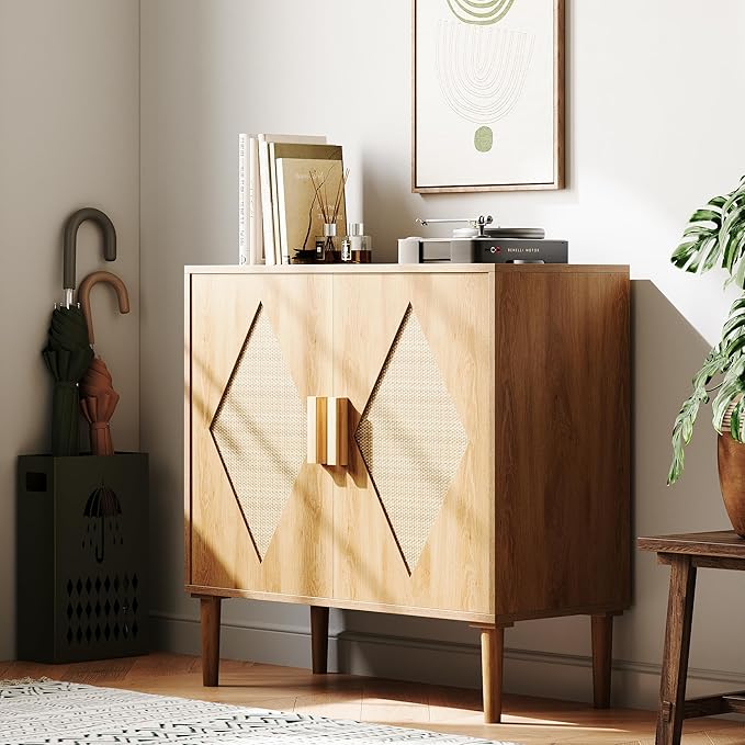 IDEALHOUSE Buffet Cabinet with Storage, Storage Cabinet with 2 Rattan Decorated, Sideboard Cabinets, Accent Cabinets for Living Room, Dining Room, Entryway, Natural