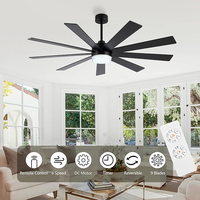 64" DC Motor Ceiling Fan with Light, 6-Speed Remote Control, Reversible Motor, Modern 9 Blades Black Ceiling Fan with 4.5"/12" Downrods for Home or Commercial, Living Room/Restaurant