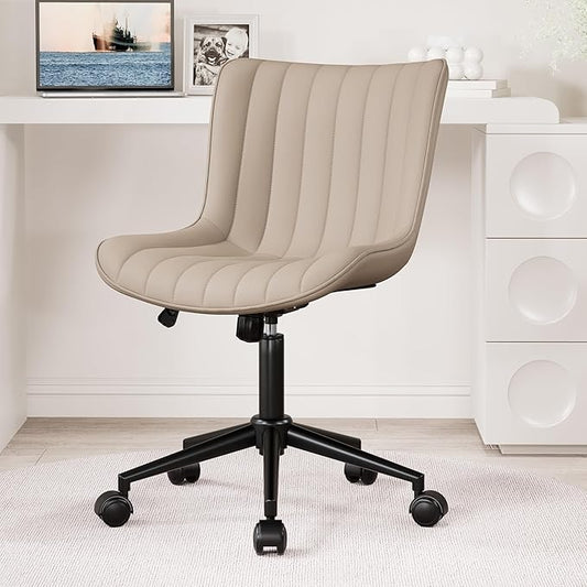 Kidol & Shellder Khaki Leather Home Office Desk Chair with Wheels Modern Cute Armless Executive Swivel Vanity Chair with Comfy Padded Back Ergonomic Rolling Adjustable Computer Task Chair Small