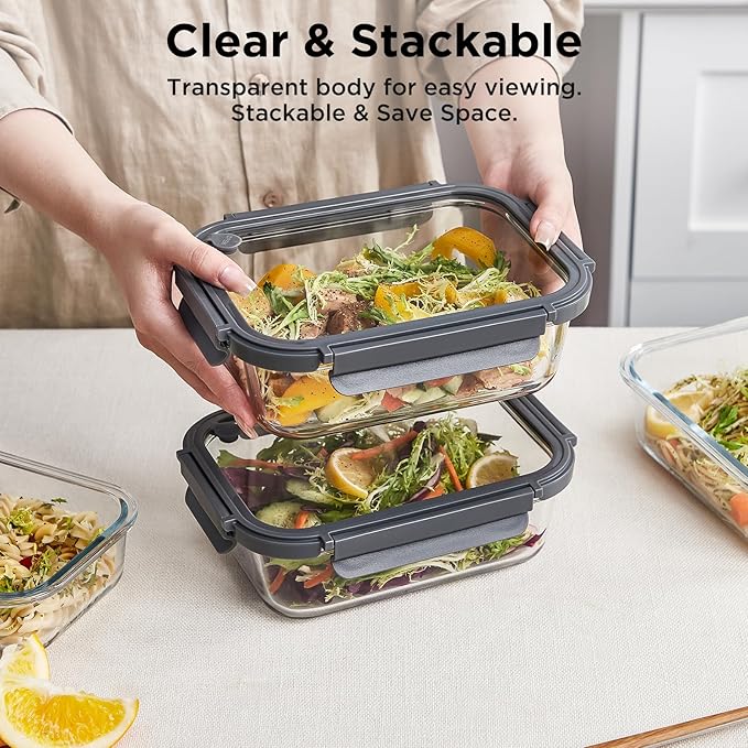Glass Food Storage Containers with Lids,10 pack [36oz*5+13.5oz*5], Glass Meal Prep Container with Airtight Lids, Microwave Safe Food Container Set, BPA Free, LeakProof, Ideal for Lunch