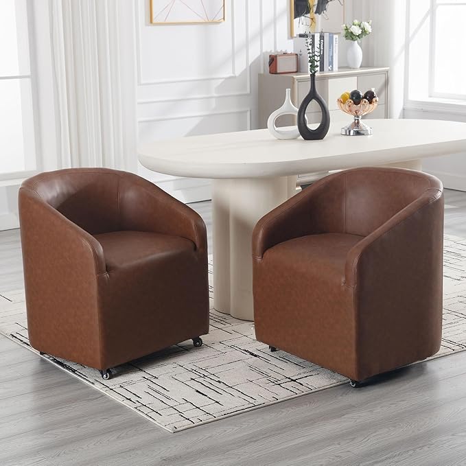 Brown Dining Chairs with Casters, Faux Leather Upholstered Barrel Dining Chairs with Rollers Armchairs Comfy Small Accent Chairs with Arms for Small Spaces Living Room Reading Room Bedroom