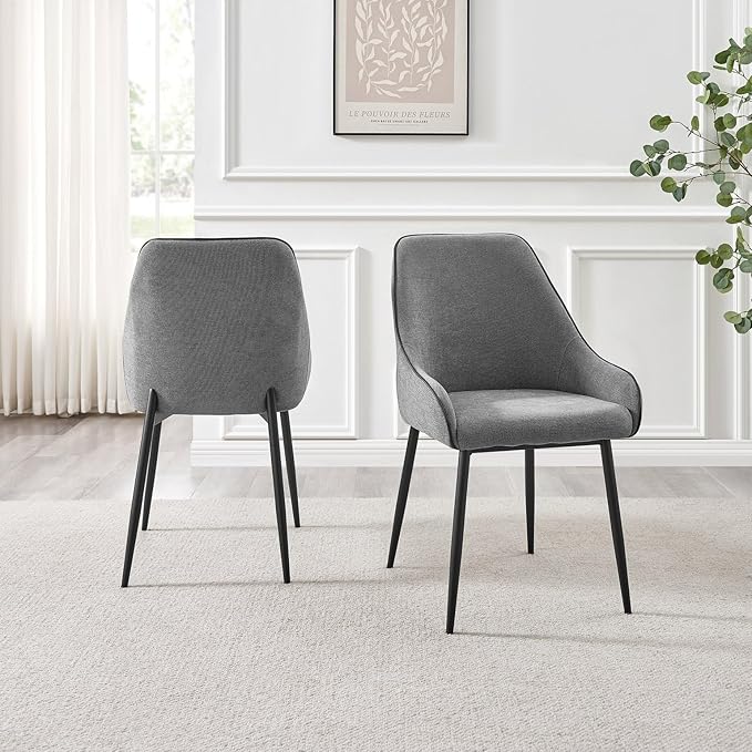 Furniturebox UK Dining Chairs - 2X Beaumont Grey Fabric Black Leg Chairs - Pair of Dining Chairs - Upholstered Polyester Chair - Modern Dining Room Furniture - Contrasting Black Piping