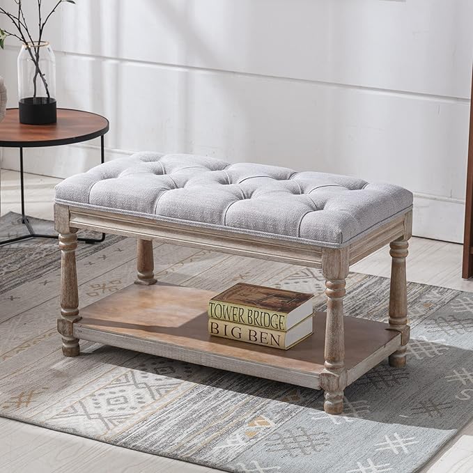 DUOMAY Farmhouse Tufted Storage Ottoman Bench with Shelf, 31.5" Width Linen Upholstered Entryway Shoe Ottoman Foot Stool for Bedroom Living Room Dining Room, Grey