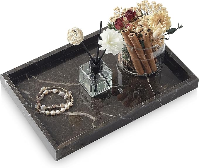 Brown Marble Tray,Pure Natural Vanity Tray,Marble Tray for Kitchen Counter Non-Ceramic/Non-Resin,Stone Trays 12 x 8 inch