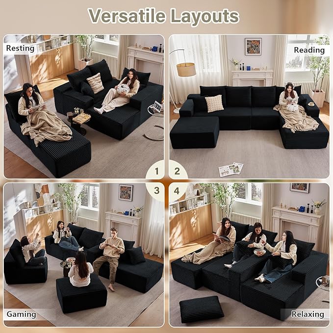 135" U-Shape Cloud Couch, Modern Modular Sectional Comfy L-Shape Sofa with Ottoman, Deep Seat, Upholstered Corduroy Sleeper Chaise Longue for Living Room Bedroom, No Assembly Required, Black