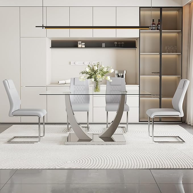 AZmac 63” Glass Dining Room Table Set for 4, Modern Kitchen Table and Chairs Set of 4, Dining Sets with Rectangular Tempered Glass and Sturdy Silver Chrome Base, for Kitchen Home