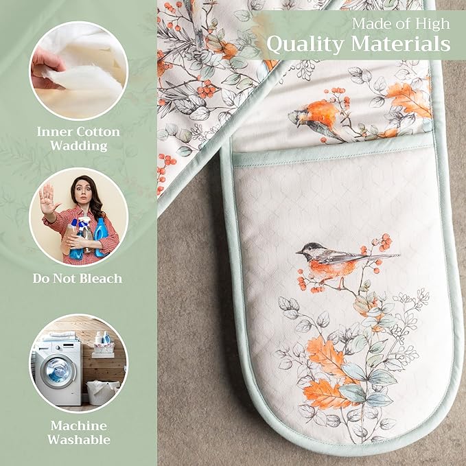 Maison d' Hermine Double Oven Mitt (7" x 35") 100% Cotton Heat Resistant BBQ Cooking Gloves with Loop for Thanksgiving Christmas Decorations Baking Cooking Handling Hot Pan (Whitish Shabby Chique)