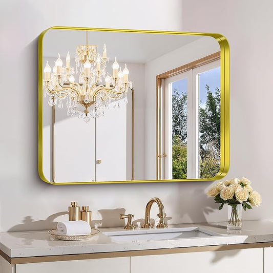 FORBATH 30x36 Inch Bathroom Mirror, Brushed Gold Deep Frame Wall Mirror with Rounded Corners, Anti-Rust Tempered Glass for Modern Farmhouse Vanity (Horizontal/Vertical Hanging)