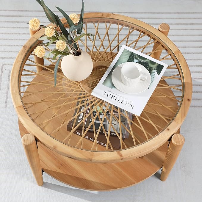RUSTOWN Rattan Coffee Tables,2-Tier Round Boho Cocktail Tables, Mid Century Modern Coffee Table with Rattan & Tempered Glass Top and Wood Legs, Sofa Table for Living Room(Natural)