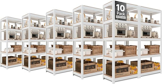HOMEDANT House 5 Tier Laminated Metal Shelving Unit Adjustable Storage Utility Rack Heavy Duty Shelves Organization Multipurpose Shelf Kitchen Garage Pantry Closet (10, (S) 24.4" W, White)