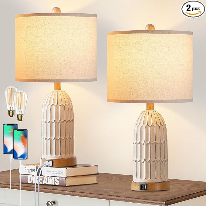 Boho Table Lamps Set of 2, Farmhouse 3-Way Dimmable Touch Nightstand Lamp with 2 USB Charging Ports, White Vintage Bedside Lamp for Bedroom Living Room End Table (Bulbs Included)
