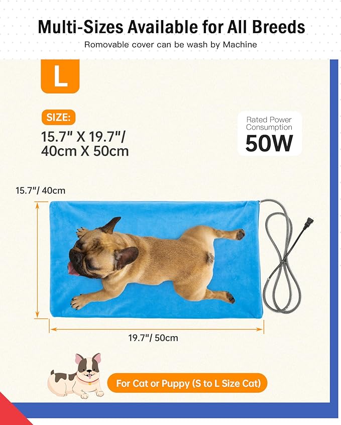 Outdoor Pet Heating Pad for Dog & Cat, Multi-Size Waterproof Heated Cat Dog Bed for Outside, Pet Heater Warmer Mat Blanket with Chew Resistant Cord for Senior Dog Cat House Whelping Box,Blue,16" x 20"