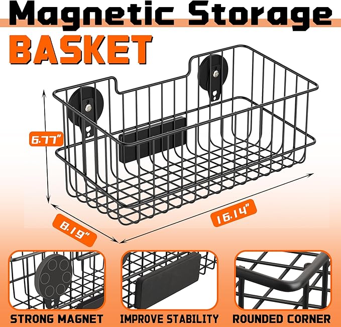 ULIBERMAGNET Magnetic Baskets, Large Capacity Metal Wire Mesh Basket Holder Organizer for Sundry Tool Storage, Magnetic Shelf for Garage, Laundry, Kitchen, Workshop, Cabinet(2 Pack)