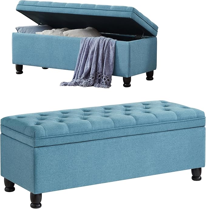 mikibama Bed End Storage Ottoman Bench,Linen Upholstered Storage Benches for Bedroom,Tufted 45" Long Ottoman Bench with Storage for Living Room Entryway Window (Light Blue 45")