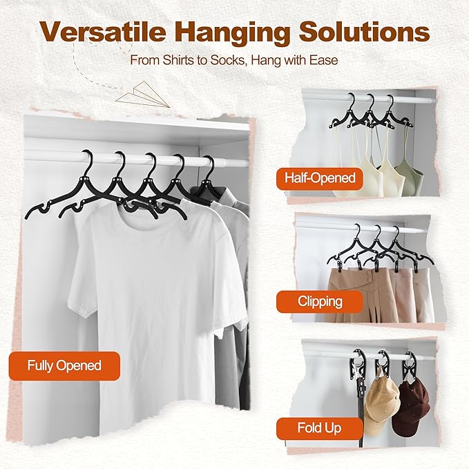 HOUSE DAY Foldable Travel Hangers 20 Pack w/10 Clips, Cruise Essentials 2025, Portable Hangers Collapsible Hanger Plastic, Travel Must Haves for Suitcase, Hotel, RV, Road Trip, Flying, Camping-Black