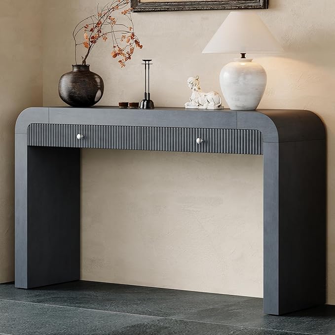 Farmhouse Modern Curved Console Table 54.3-Inch Sofa Entry Table Fluted Accent Tables with Storage Drawers for Living Room Entryway Hallway Furniture, Dark Navy