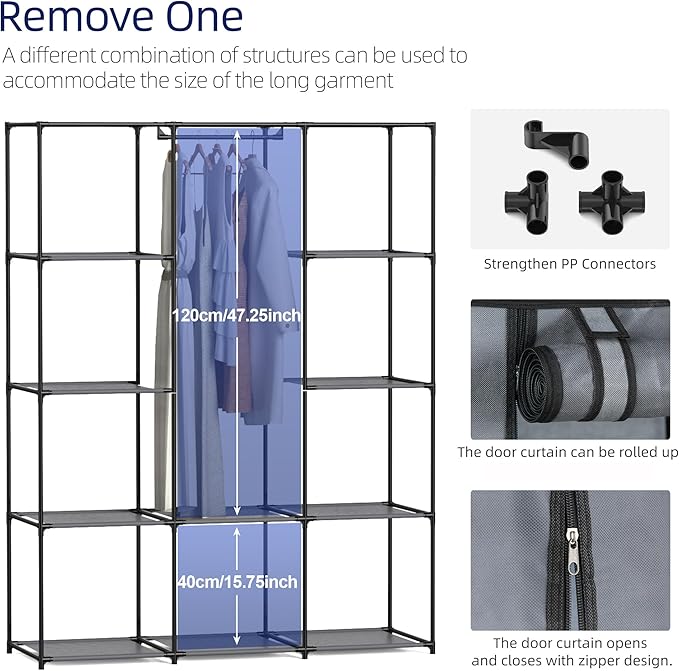 Portable Closet, Wardrobe Closet with 10 Storage Shelves and 2 Hanging Rods, Non-Woven Fabric Cover, 52.4 x 18.1 x 66.6 Inches Closet Organizer for Bedroom, Gray