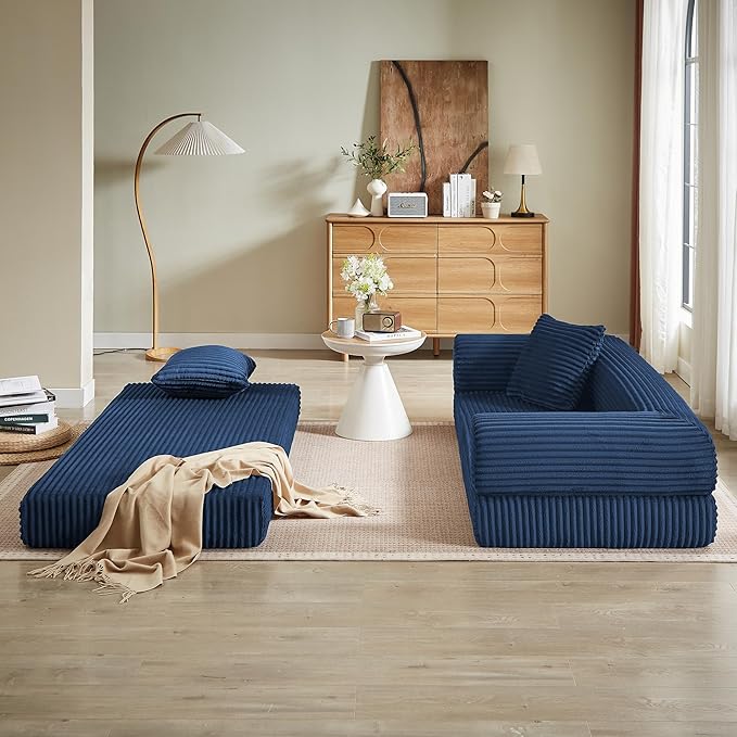 Boneless Couch Sofa Bed Sectional Couches for Living Room,Futon Cloud Couch with Sleeper Sofa,Sofas for Living Room Oversized Corduroy Upholstered (Blue)