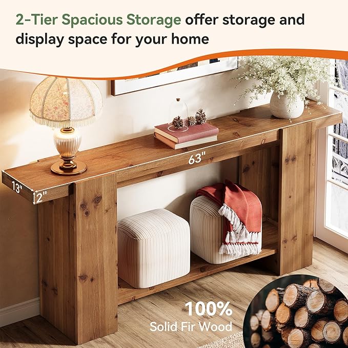 2-Tier Solid Wood Console Table, Farmhouse Entryway Table with Storage Shelves, 63-Inch Long Sofa Console for Living Room, Hallway, or Foyer(Brown)