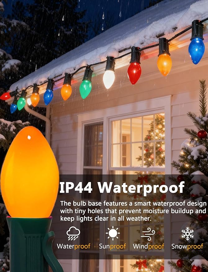 C7 LED String Lights,25Ft Retro Ceramic Multicolor Lights with 27 Vibrant LED Bulbs (2 Spare) on Green Wire–Perfect for Christmas, Parties, Backyard & Wedding Décor