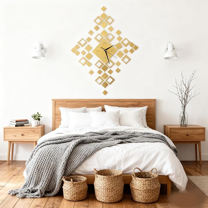 Frameless DIY Wall Clock – Large Modern 3D Mirror Wall Clock with Numbers Stickers, DIY Clock Kit for Home, Living Room, Bedroom, Office Wall Decor(Gold)